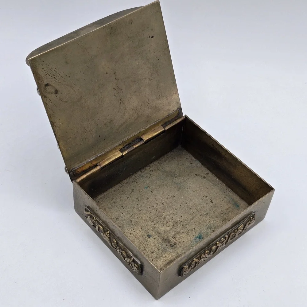 Antique Chinese Brass Jewelry Trinket Box Hinged Vtg Unique